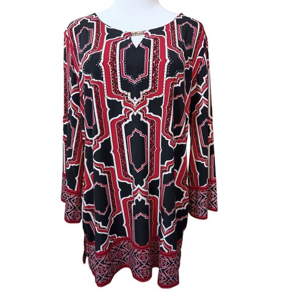 JM Collection Stretchy Long Tunic Top Blouse L Beaded Bling Career Office Travel - Picture 1 of 10